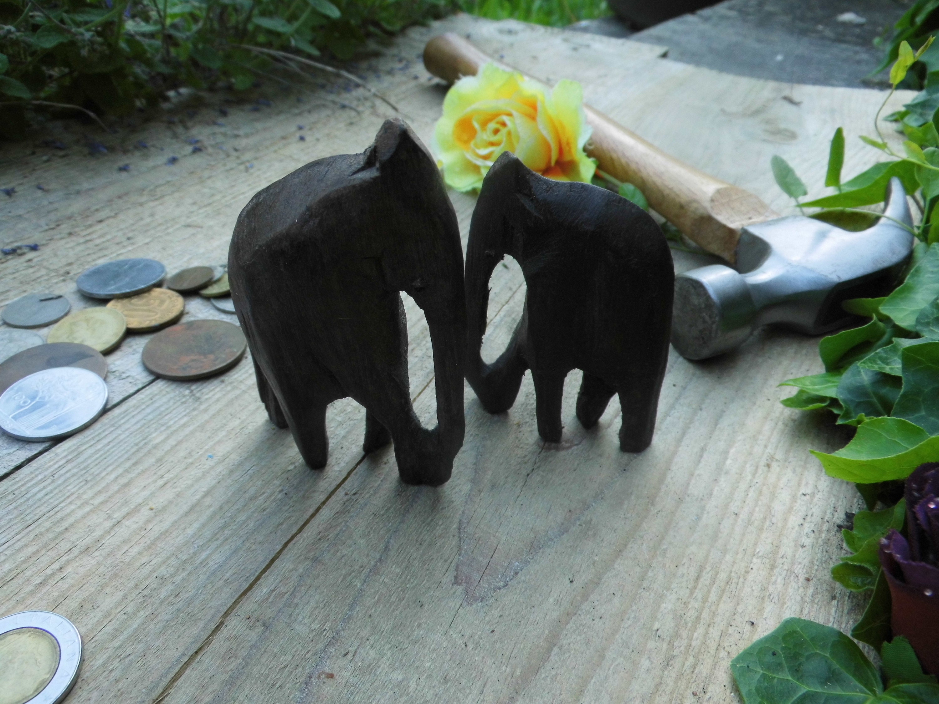 2x Éléphants Indiens Vintage, Mère et Bébé, 11cm 8cm de Haut, Teck Sculpté à La Main, Décoratif Dans