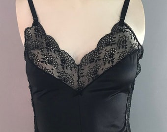 1980 Warner's Black Teddy with Lace Peek-a-Boo Sides | 80s S XS Noir Hollywood Pin Up Teddy with Lace Trim at Neck Legs and Sides