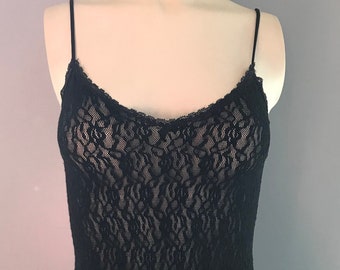 1980's Cira Romper with Black Stretch Lace Bodice and Fly-Away Tap Short | 80s Black Romper Spaghetti Strap Scoop Neck Snap Gusset