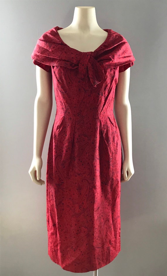 50s Red Paisley Boatneck Dress | 1950s Cocktail P… - image 1