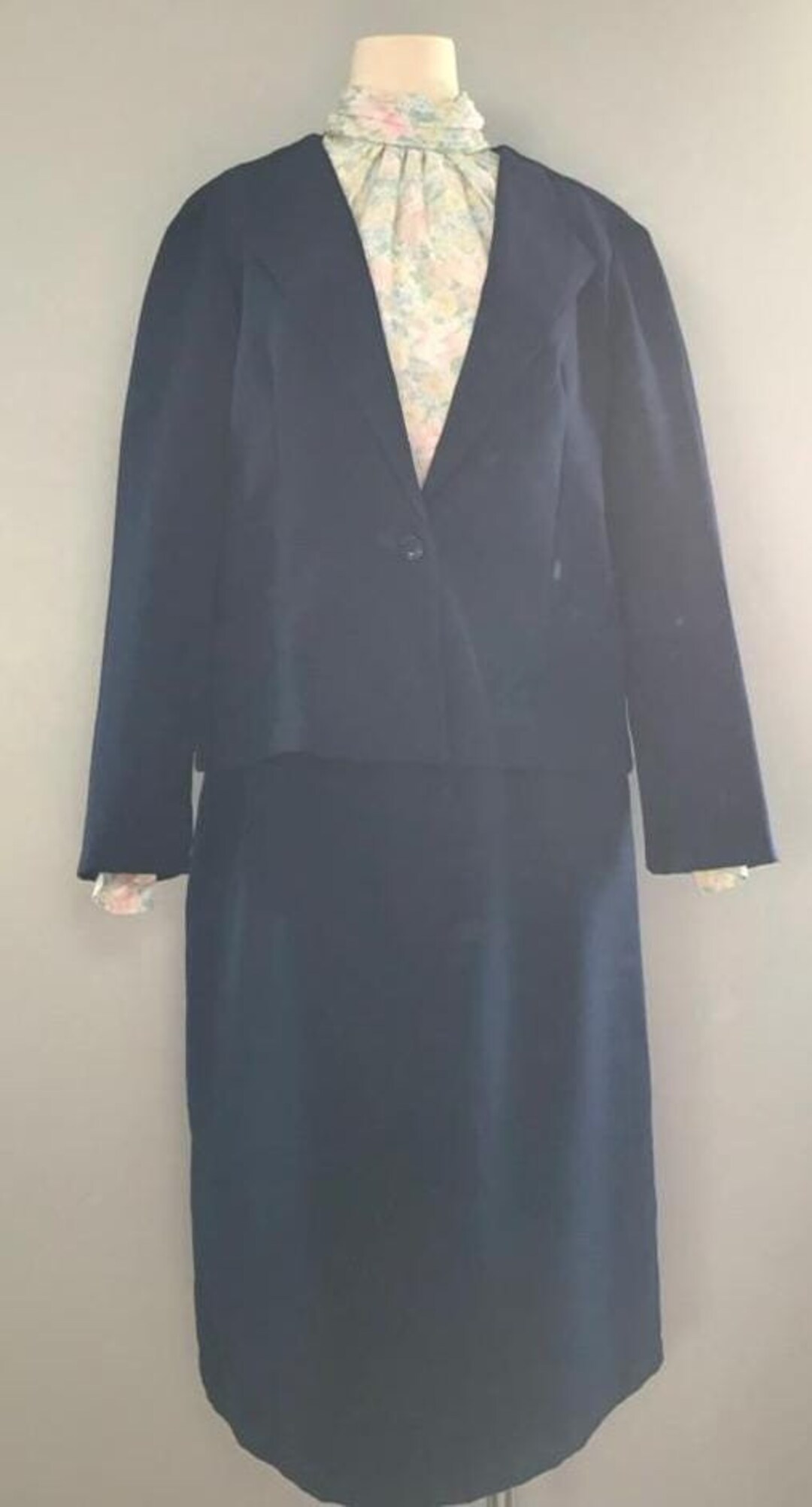 1970s Calvin Klein Dark Navy Skirt Suit with Beaded Lapels