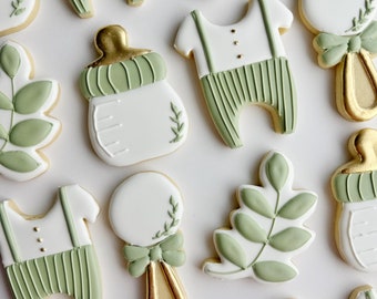 Greenery Gold Baby Shower cookies, Sage Green gender neutral baby shower favors, Baby romper rattle bottle cookies shower gifts from grandma