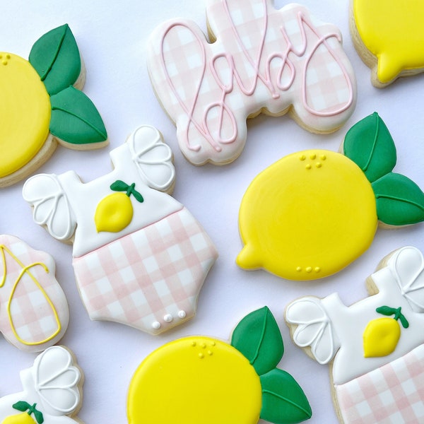 Lemon baby shower custom sugar cookies, cute pink gingham lemon baby girl first birthday party favors