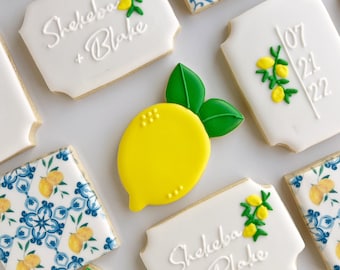 Lemon blue tile Mediterranean bridal shower wedding sugar cookies