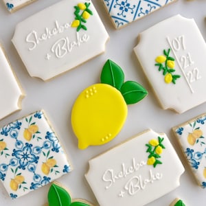 Lemon blue tile Mediterranean bridal shower wedding sugar cookies