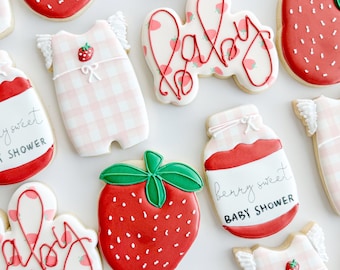 Berry Sweet Baby Shower sugar cookies, Berry first pink gingham strawberry party favors, Sweet One birthday gifts from grandma, 1 dozen