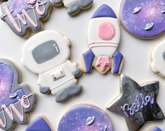 Girl Outer Space Birthday Cookies, two the moon party favors, pink purple rocketship cookies, astronaut cookies, galaxy cookies