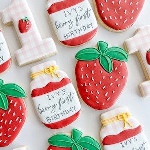 Berry First birthday custom sugar cookies, Two Sweet pink gingham strawberry party favors, Sweet One birthday gifts from grandma, 1 dozen