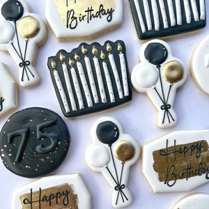 Custom 70th birthday cookies, Minimalist personalized Black and Gold 50th birthday party favors, Modern 60th birthday gifts, 1 dozen
