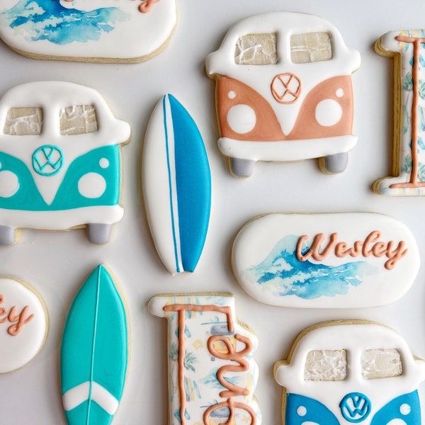 Surf first birthday cookies, The Big One surfing boy birthday sugar cookies, beach party sugar cookies