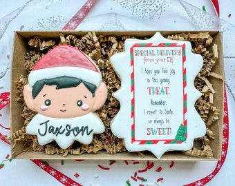 2 Personalized Elf Decorated Sugar Cookies - Gift Box - Christmas Cookies