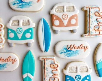 Surf first birthday cookies, The Big One surfing boy birthday sugar cookies, beach party sugar cookies