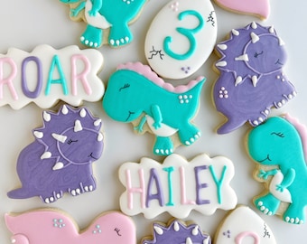 Dinosaur cookies, dinosaur birthday cookies, dinosaur birthday girl