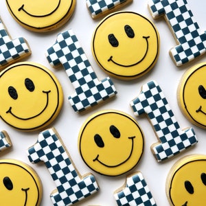 One Happy Dude first birthday sugar cookies, two cool 2nd birthday cookies, yellow smiley face checkered baby shower cookies