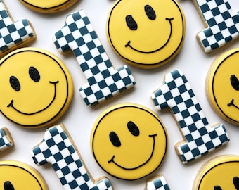 One Happy Dude first birthday sugar cookies, two cool 2nd birthday cookies, yellow smiley face checkered baby shower cookies