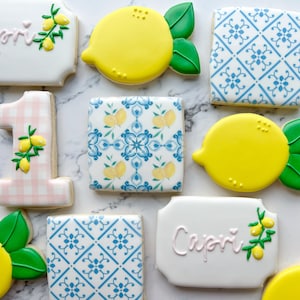 Lemon blue tile Mediterranean first birthday sugar cookies, pink gingham lemon cookies
