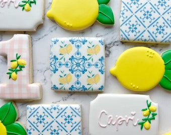 Lemon blue tile Mediterranean first birthday sugar cookies, pink gingham lemon cookies