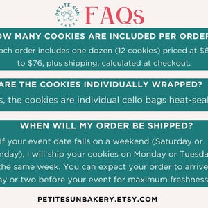 Pu&ograve; includere: Un grafico informativo con uno sfondo rosa chiaro e barre orizzontali verde ottanio scuro contenenti testo. L'intestazione recita FAQs con il logo di Petite Sun Bakery. Il testo riguarda le quantit&agrave; di biscotti, l'imballaggio individuale e la spedizione.