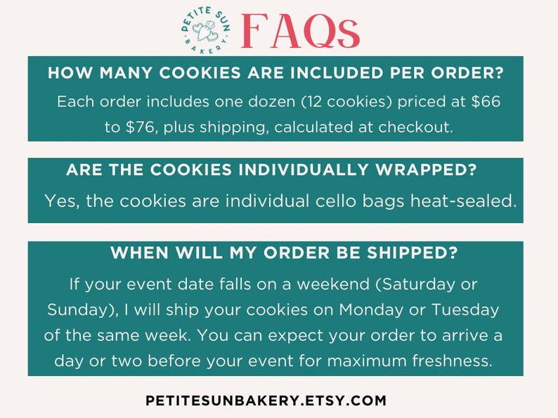 Pu&ograve; includere: Un grafico informativo con uno sfondo rosa chiaro e barre orizzontali verde ottanio scuro contenenti testo. L'intestazione recita FAQs con il logo di Petite Sun Bakery. Il testo riguarda le quantit&agrave; di biscotti, l'imballaggio individuale e la spedizione.