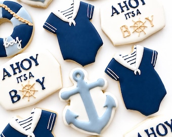 Nautical Baby Shower Sugar Cookies – Ahoy It’s a Boy Sailboat & Anchor Set, 1 Dozen