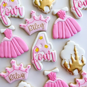 Pink Princess Birthday Cookies, Personalized Crown and Castle Party Favors, 1 Dozen