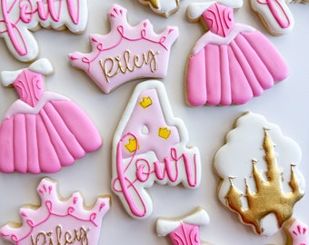 Pink Princess Birthday Cookies, Personalized Crown and Castle Party Favors, 1 Dozen
