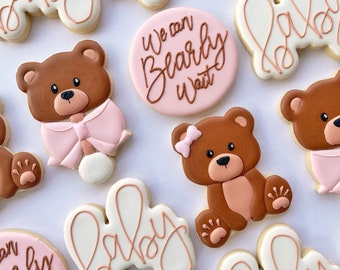 Bear baby shower sugar cookies for baby girl, Pink Baby bear gender reveal sugar cookies, we can bearly wait