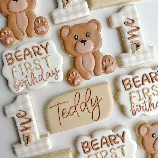 Beary First Birthday Cookies: Brown Teddy Bear Party Favors, 1 Dozen