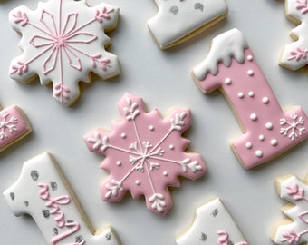 First Birthday Sugar Cookies, Snowflake, Number one, Winter onederland, 1 dozen, pink white silver