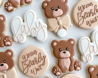 Bear baby shower sugar cookies, Baby bear gender reveal sugar cookies, gender neutral bear baby shower cookies, we can bearly wait