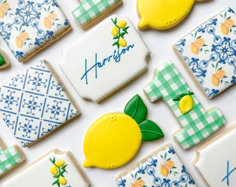 Lemon blue tile Mediterranean boy first birthday sugar cookies, blue green gingham lemon cookies