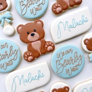 Baby shower custom cookies, Blue Bear Baby boy shower favor, we can bearly wait themed shower gifts