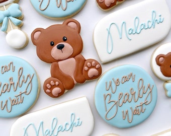 Baby shower custom cookies, Blue Bear Baby boy shower favor, we can bearly wait themed shower gifts