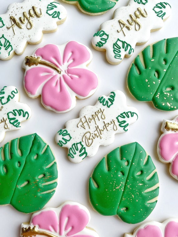 Tropical Hawaiian Birthday Cookies, Pink Hibiscus Luau Party Favors, 1 Dozen