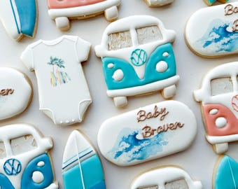 Surf Baby Boy Shower cookies, Boho Baby on Board shower favors, summer beach Hawaiian tropical surfboard party favors for baby girl, 1 dz