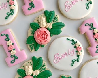 First birthday girl floral cookies, baby girl pink boho floral sugar cookies