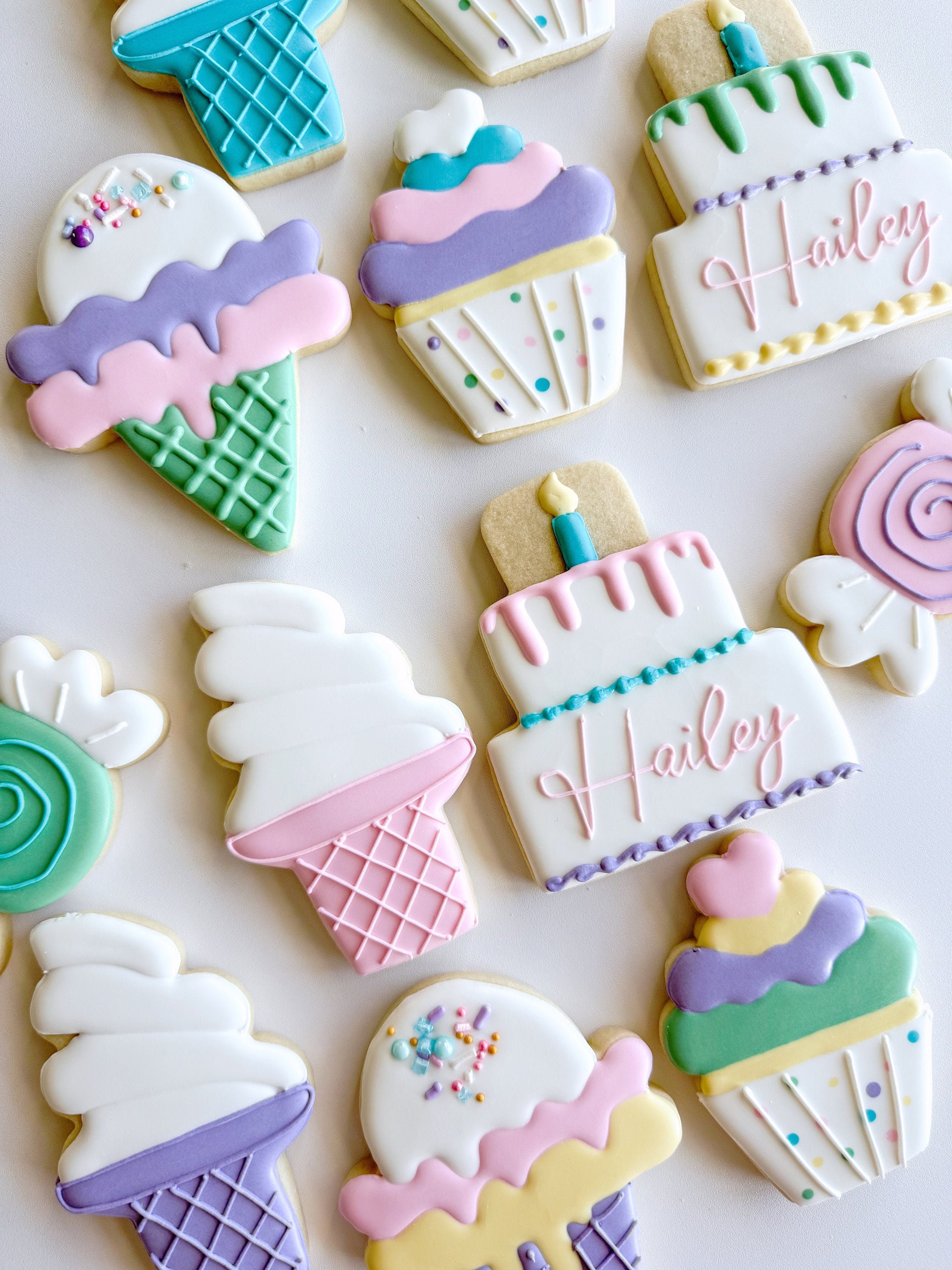 Candyland birthday sugar cookies, pastel Sweet One ice cream party favors, Two Sweet candy shop birthday gifts from grandma, 1 dozen