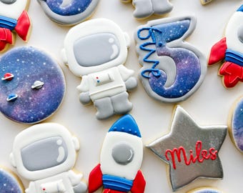 Outer Space Birthday Sugar Cookies, rocket cookies, astronaut cookies, galaxy cookies