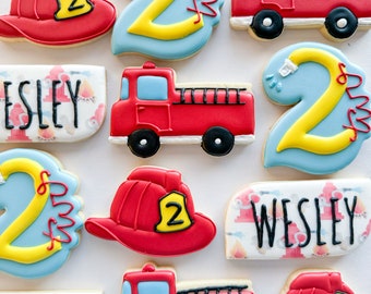 Firetruck birthday sugar cookies, custom Firefighter boy 2nd birthday gifts, unique 3rd birthday  party favors