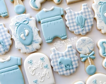 Blue Toile Baby Shower sugar cookies, Personalized Pink Toile de Jouy Safari animal baby girl shower favor, dusty blue bow cookies, 1 dozen