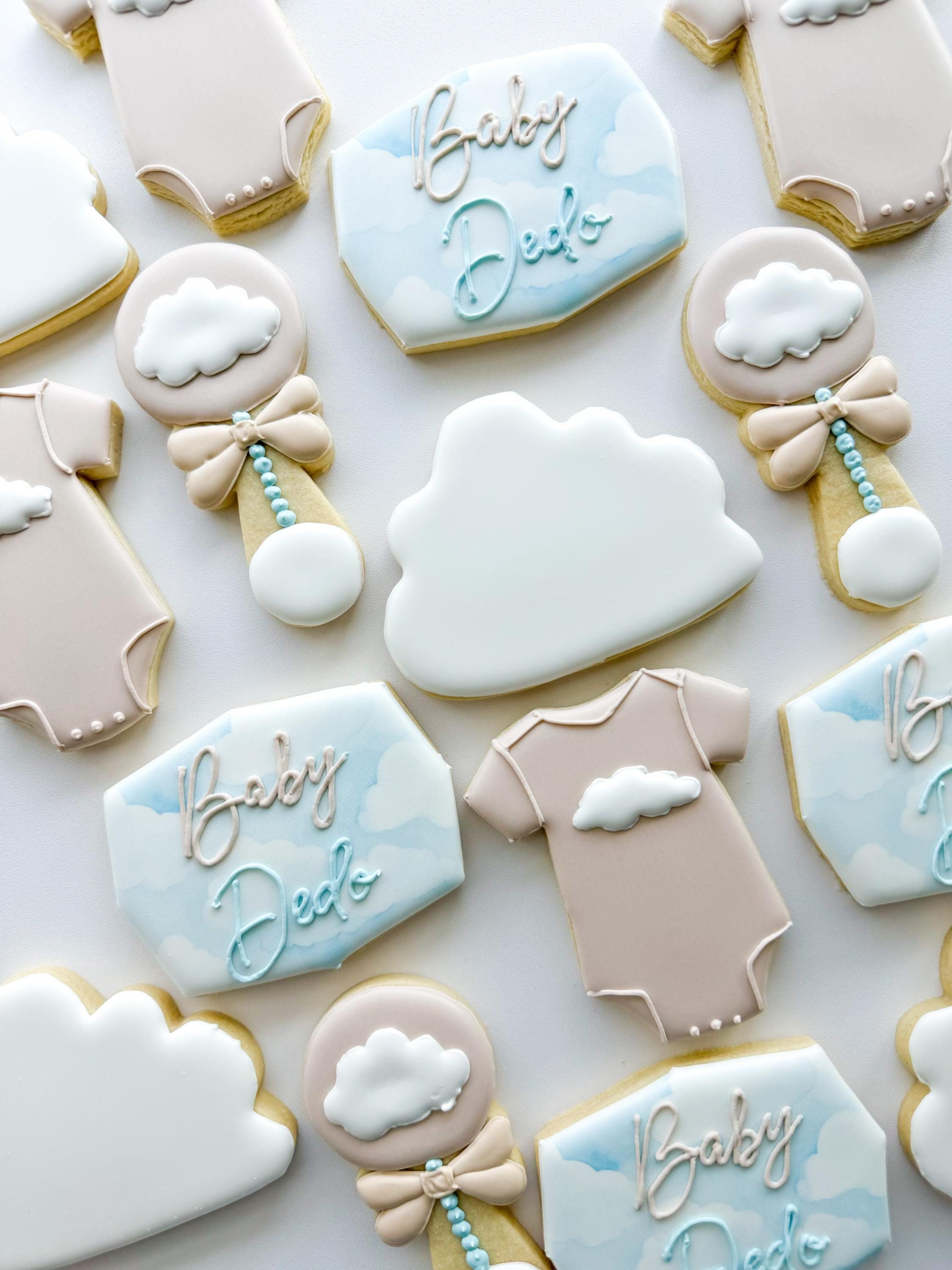 On Cloud Nine Baby Shower Sugar Cookies, Dusty Blue Beige Cream