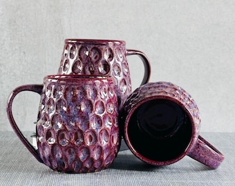 Handmade Pottery Coffee Mug | Carved Stoneware Mug | Purple Glaze