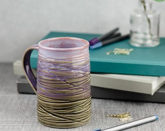 Handmade Ceramic Mug | 18 oz Pottery Coffee Cup | Hand Carved Purple Gray Stoneware