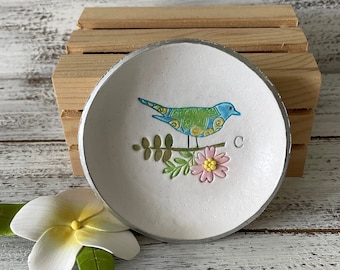 Blue Bird Polymer Clay Ring Dish | PERSONALIZED Bowl | Minimalist Nature Decor | Bird Lover Trinket Dish | Flower Garden Newlywed Gift