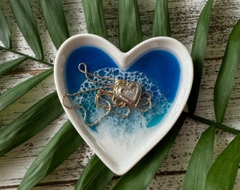 Beach Waves Resin Ring Dish | Heart Ceramic Jewelry Dish | Ocean Inspired Coastal Catchall Handmade Gift