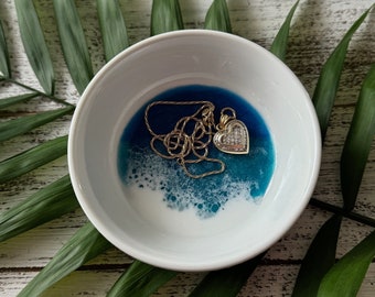 Beach Waves Resin Ring Dish | Round Ceramic Jewelry Dish | Ocean Inspired Coastal Catchall Handmade Gift