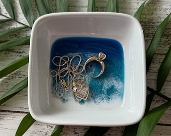 Beach Waves Resin Ring Dish | Square Ceramic Jewelry Dish | Ocean Inspired Coastal Catchall Handmade Gift