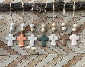 Cross Car Mirror Hangers | Christian Cross Hanging Ornament | Polymer Clay Cross Beaded Rear View Mirror Accessory | Cross Charm Gift