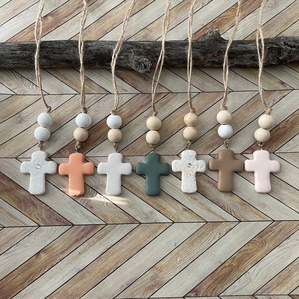 Cross Car Mirror Hangers | Christian Cross Hanging Ornament | Polymer Clay Cross Beaded Rear View Mirror Accessory | Cross Charm Gift