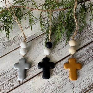 Cross Car Mirror Hangers | Christian Cross Hanging Ornament | Polymer Clay Cross Beaded Rear View Mirror Accessory | Cross Charm Gift